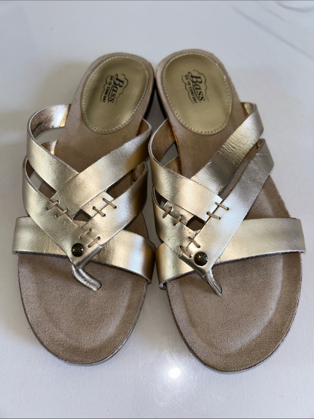 NWOB Bass Metallic Gold Crisscross Slide Sandals - Picture 2 of 7